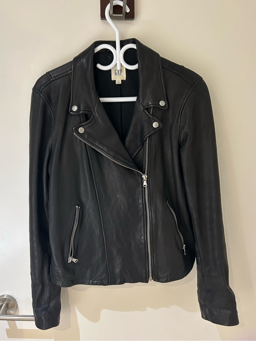 GAP Women's Black 100% Genuine Leather Asymmetrical Moto Jacket